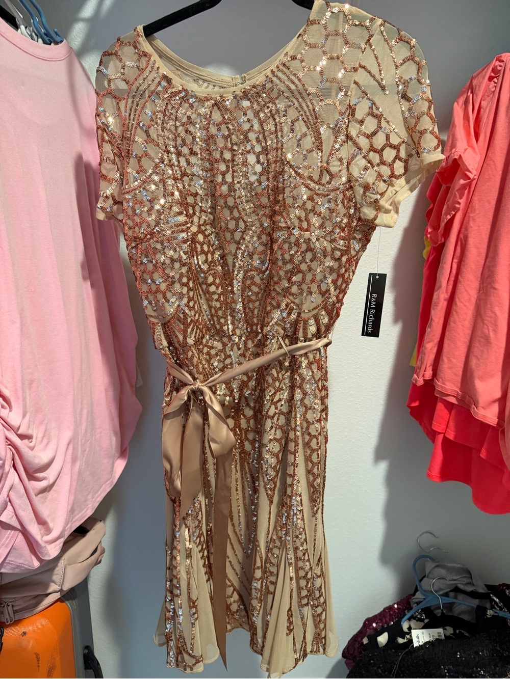 Sequin-Embellished Beige Midi Dress with Satin Waist Tie